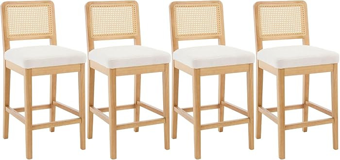 Counter Height Bar Stools Set of 4, Farmhouse Rattan Bar Stool with Back, Upholstered Wooden Bars... | Amazon (US)