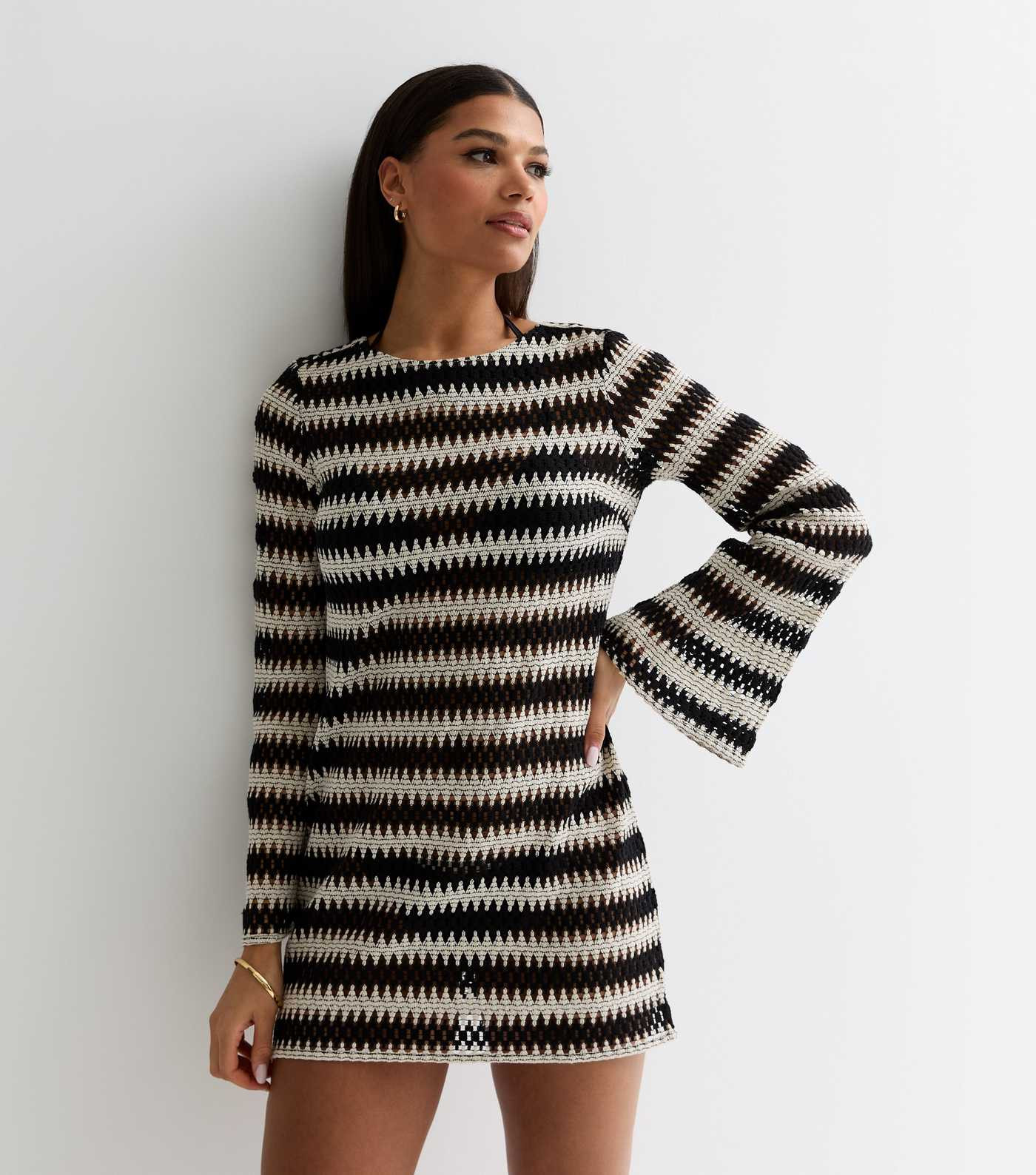 Black Stripe Crochet Flared Sleeve Mini Beach Dress | New Look | New Look (UK)