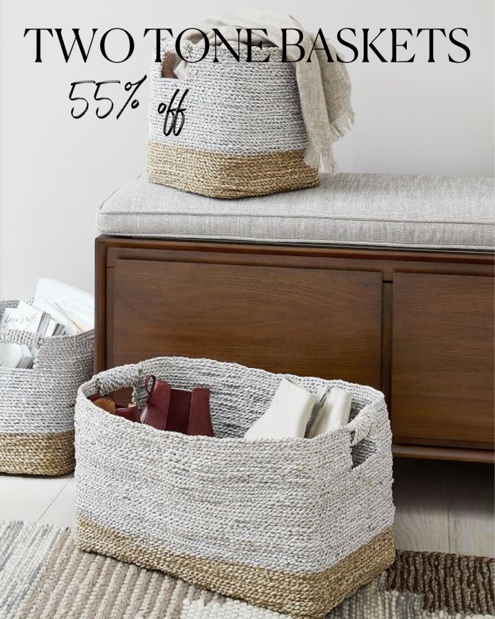 Two tone woven baskets in gray, white, and black, two sizes, wicker storage, organization ideas, underbed storage 

#LTKunder50 #LTKSale #LTKhome