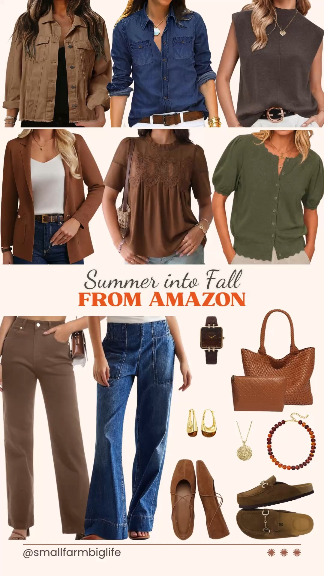 These summer into fall Amazon finds are exactly what you need for the transitional season ahead. My LTK is full of pieces that work right now and will carry you straight into fall.
For denim, I am loving the brown high waisted wide leg tummy control jeans and the blue mid rise wide leg pull on jeans for an easy everyday fit. The light brown frayed cropped denim jacket and the indigo chambray western button down shirt are perfect layering pieces for cooler mornings and evenings.
For tops and sweaters, the cognac sweater blazer cardigan is a great work appropriate layer, the olive green scalloped crewneck cardigan is such a pretty transitional piece, and the brown wool blend mock neck sweater vest layers so well. I am also loving the brown lace textured blouse for something a little more feminine.
For shoes and accessories, the brown suede clog mules and the cognac suede square toe Mary Jane flats are both great transitional shoe options. Rounding it all out are the cognac vegan leather woven tote bag, the tortoiseshell chunky beaded necklace, the brown leather strap watch, the gold statement hoop earrings, and the gold engraved coin pendant necklace.
Shop all of my summer into fall Amazon favorites linked in this post. 

 #LTKgrwm #LTKootd #LTKOver40