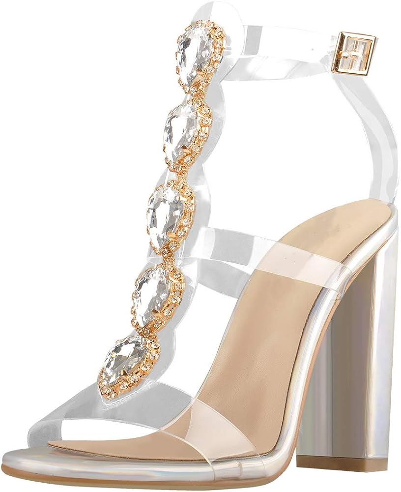 Women's Chunky Heels Gladiator Clear Rhinestone Ankle Strap Sandals | Amazon (US)