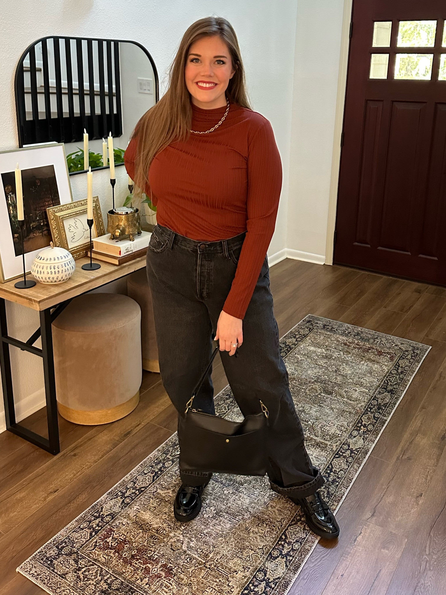 Cute fall outfit with pieces from target and Walmart! I sized down one in the jeans but got them in a 12 long, so I could cuff them! Loafers are Walmart and I sized down a half size.

Wide leg jeans, 90s jeans, mock neck top, gold chain necklace, Abercrombie jeans, Abercrombie jeans dupe, midrise jeans, size 12 jeans, size large outfit, size 12 fashion, size 14 jeans, long jeans, cuffed jeans, ribbed top, mock neck top, Madewell top, Madewell purse, shoulder bag, leather bag, leather purse, Madewell bag, shoulder purse, brown top, nuuds dupe, rib top, gold necklace, classic outfit, classic look, patent leather loafers, loafers under $25, loafers under $50, target jeans, target new arrivals, target finds, Walmart shoes, Walmart finds, Walmart new arrivals, look for less, black jeans, fall look, fall outfit, Thanksgiving outfit, winter trends, winter outfit, fall trends 

#LTKmidsize #LTKworkwear #LTKHolidaySale