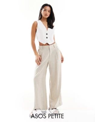 ASOS DESIGN Petite Wide leg dad pants with linen in natural | ASOS (Global)