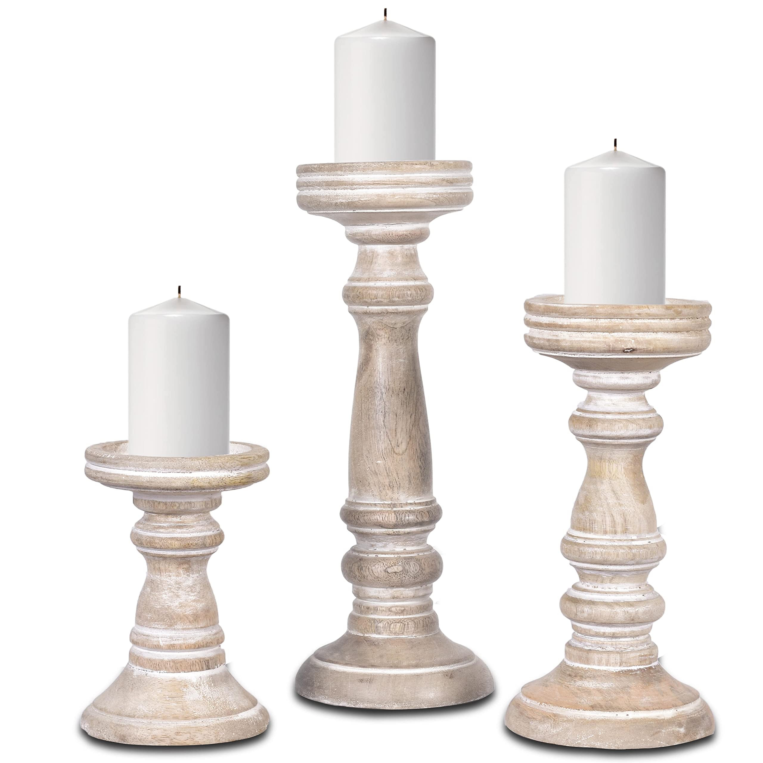 Mela Artisans Whitewashed Hand Carved Wooden Pillar Candle Holders - Set of 3 | Chennai Decorativ... | Amazon (US)