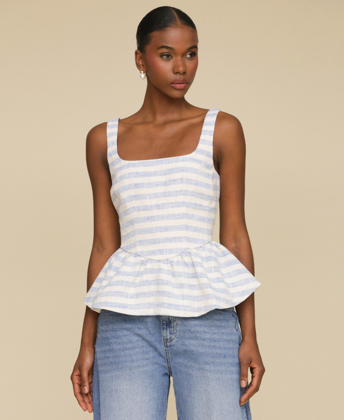 Avec Les Filles Women's Square-Neck Corset Peplum Top - Blue/Cream | Macy's