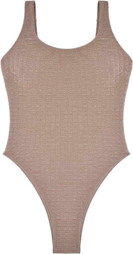 Women's One Piece Swimsuits Scoop Neck Low Back Swimwear Textured High Cut Bathing Suit | Amazon (US)