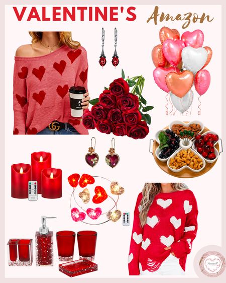 Love is in the air on Amazon! Valentines heart sweater, Betsey Johnson Stone Heart Drop Earrings, hearts appetizer serving tray, candles, valentines balloons 

#LTKSeasonal #LTKSale #LTKhome