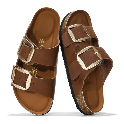 Project Cloud Genuine Leather Flat Sandals for Women 2025 Comfortable Beach Essentials Womens Sandals Memory Foam Vacation Essentials Slides for Women Footwear (Santorini, BRWN,8.5) | Amazon (US)