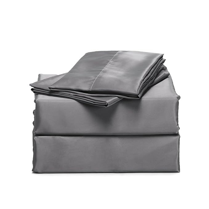 Bedsure 4-Piece Satin Bed Sheet Set Queen Dark Gray Smooth and Silky with Deep Pocket Fitted Sheet | Amazon (US)