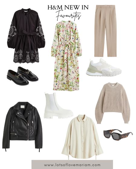 H&M new in favourites 🤍 a few spring pieces are being introduced and it’s so exciting 😍 biker jacket, embroidered dress, cigarette trousers, linen dress, floral dress, chunky trainers , black loafers, white chunky chelsea boots, sunglasses, jumper, oversized tie detail shirt, rib knit jumper, tailored trousers 

#LTKSeasonal #LTKunder50 #LTKeurope