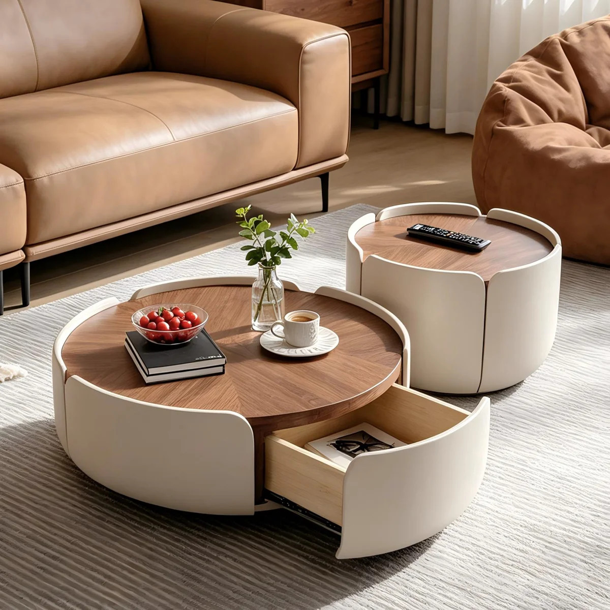 Fopamtri Modern Round Coffee Table Set with Storage Drawer & Nesting Side Table, Petal-Shaped Wal... | Wayfair North America