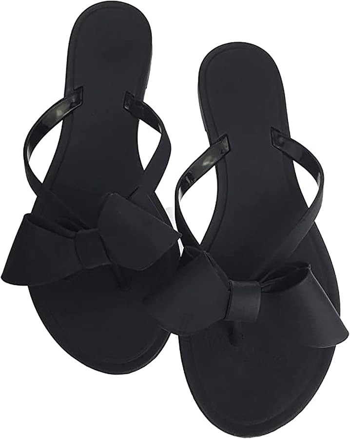 Mtzyoa Women Flip-Flops Flat Sandals Jelly Bow Beach Flat Rivets Rain Cute Dressy Summer Sandals | Amazon (US)