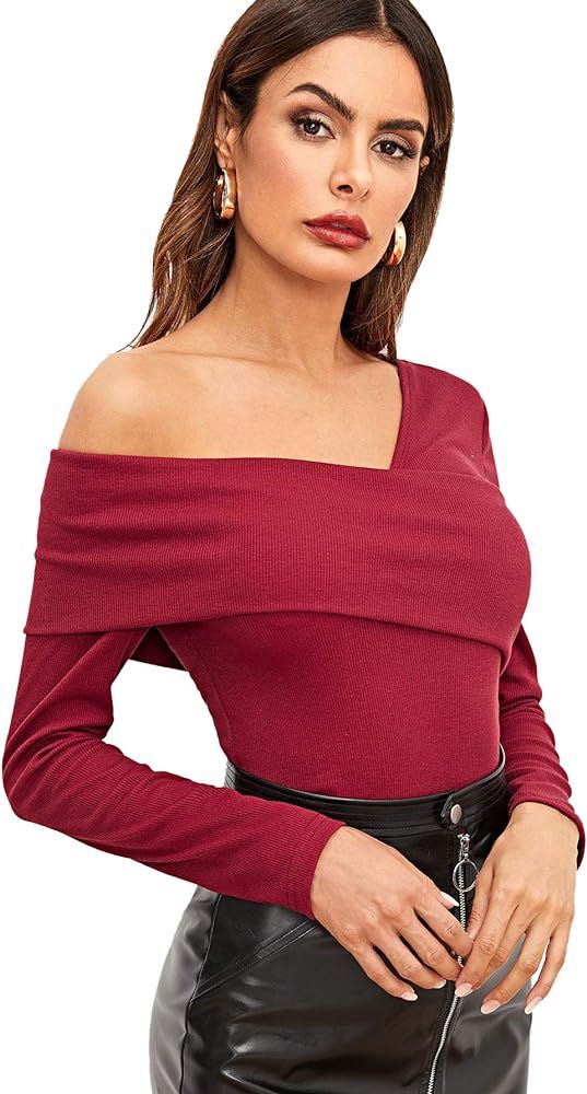 Romwe Women's Casual Cross Off Shoulder Deep V Neck Ribbed Knit Slim Wrap Tee Shirt Blouse | Amazon (US)