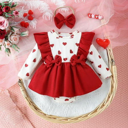 YWDJ Valentines Baby Outfits for Boys Valentines Day Toddler Girls Bodysuit Dress Ruffle Long Sleeve Heart Printed Dress Bodysuit With Headband 3-18 Months Red 6 Months | Walmart (US)