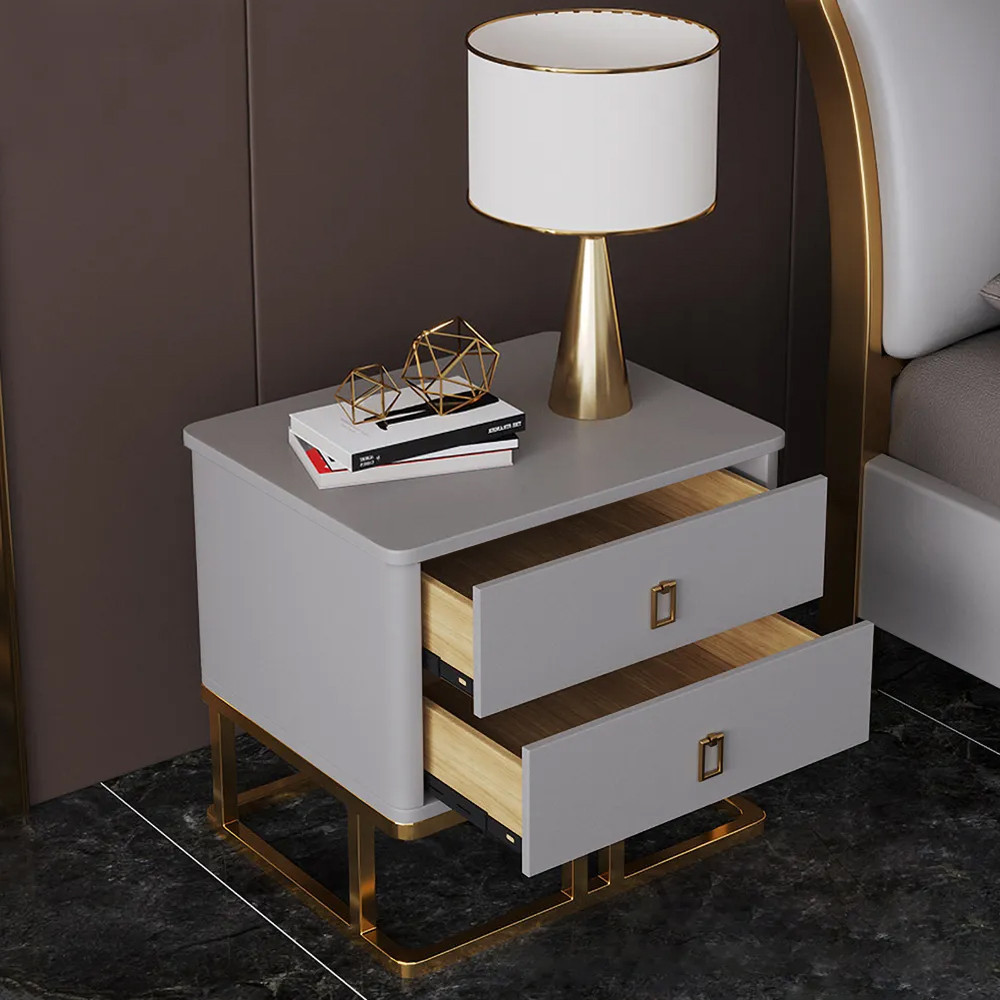 Modern Gray Nightstand Faux Leather Upholstery with 2 Drawers in Gold | Homary