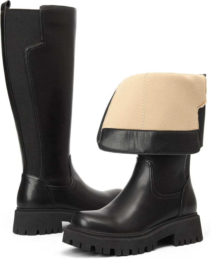 TEAIEUI Womens Low Block Heel Platform Stretch Knee High Boots, Side Zipper | Amazon (US)