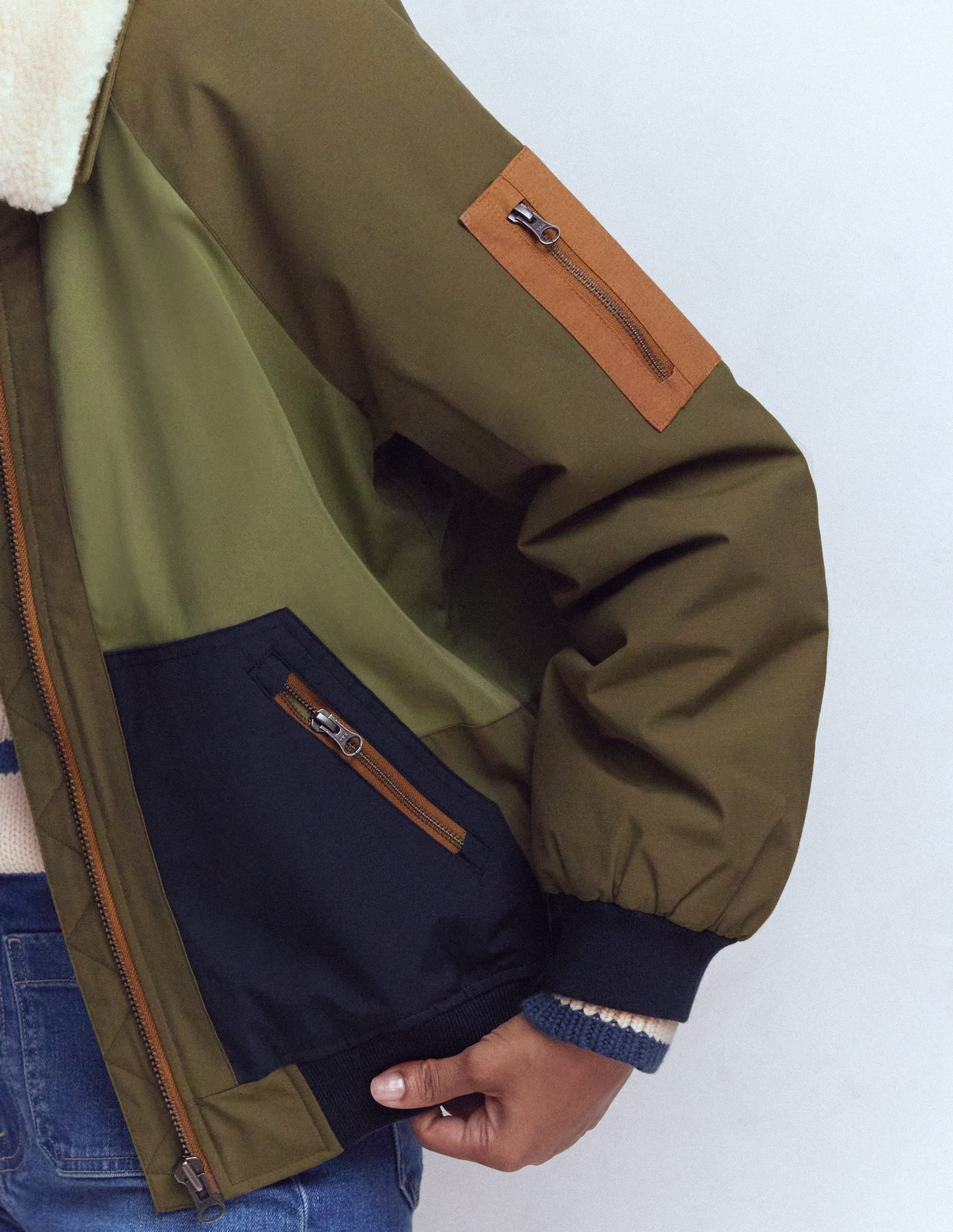 Borg Detail Bomber Jacket-Woodland Green | Boden UK