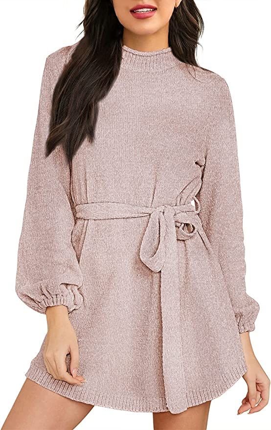 HAPCOPE Women's Chenille Sweater Dress Mock Neck Lantern Long Sleeve Dresses with Belt | Amazon (US)
