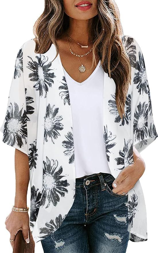 Women's Floral Print Puff Sleeve Kimono Cardigan Loose Cover Up Casual Blouse Tops | Amazon (US)