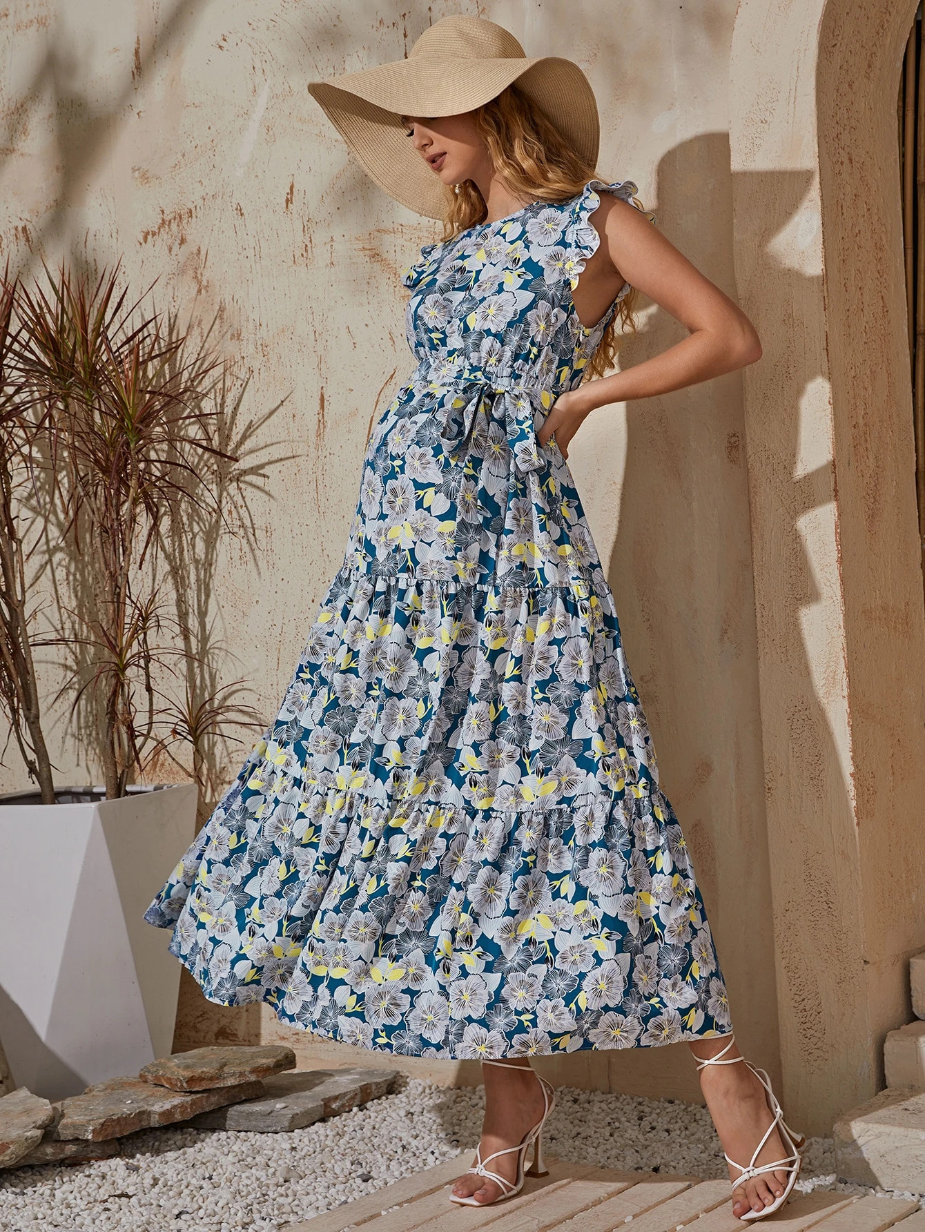 SHEIN Maternity Allover Floral Print Ruffle Armhole Tiered Hem Belted Dress | SHEIN