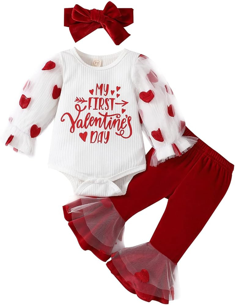 My First Valentines Day Toddler Baby Girl Outfit Red Heart Long Sleeve Romper and Flare Pants Inf... | Amazon (US)