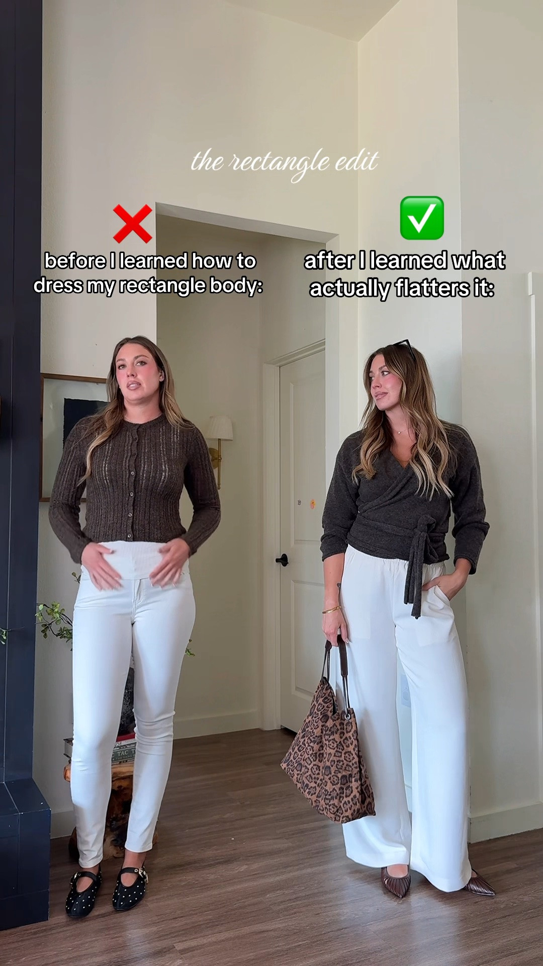 Rectangle girlies — THIS is why some outfits just look better on us 👀

Instead of the closed-off look on the left, try the outfit on the right: open neckline + wrap top + wide-leg pants = way more shape and balance 🤎

Save this for your next outfit & follow for more rectangle-body styling tips!

I’m 510 wearing a medium tall in pants & large in wrap sweater!