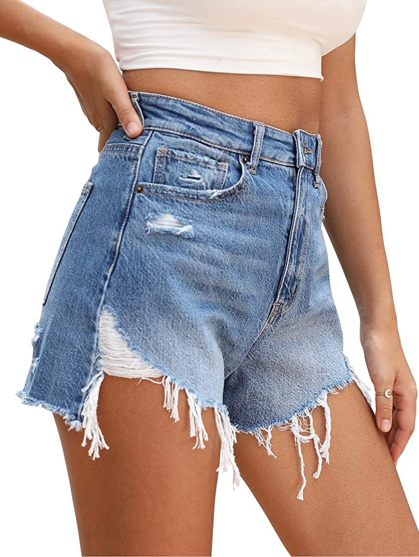 OFLUCK Women's High-Waisted Jeans Shorts Frayed Raw Hem Ripped Summer Denim Shorts | Amazon (US)
