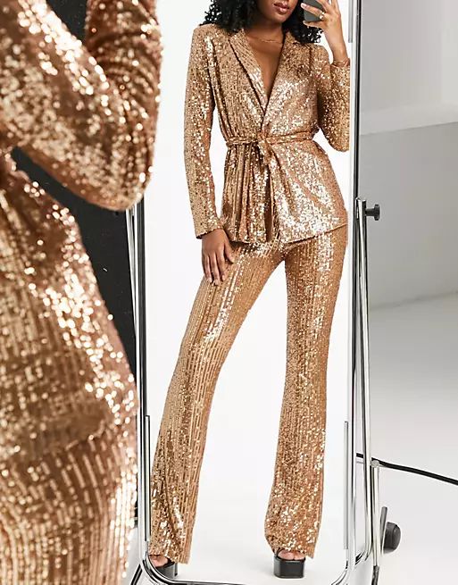 ASOS DESIGN Hourglass jersey sequin suit kickflare pants in rose gold | ASOS (Global)