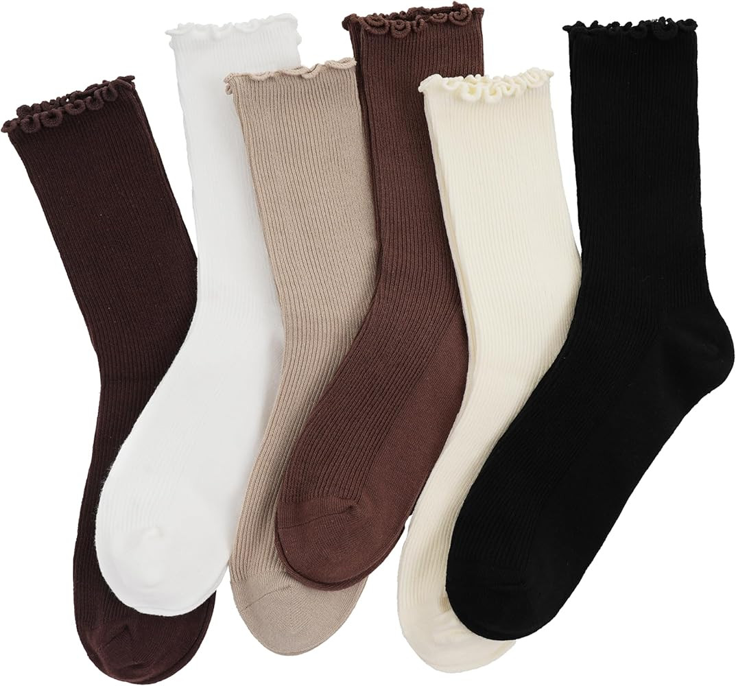 6 Pairs Ruffle Socks for Women，Frilly Socks Women，Solid Color Cute Ankle Lettuce Edge Soft Cr... | Amazon (US)