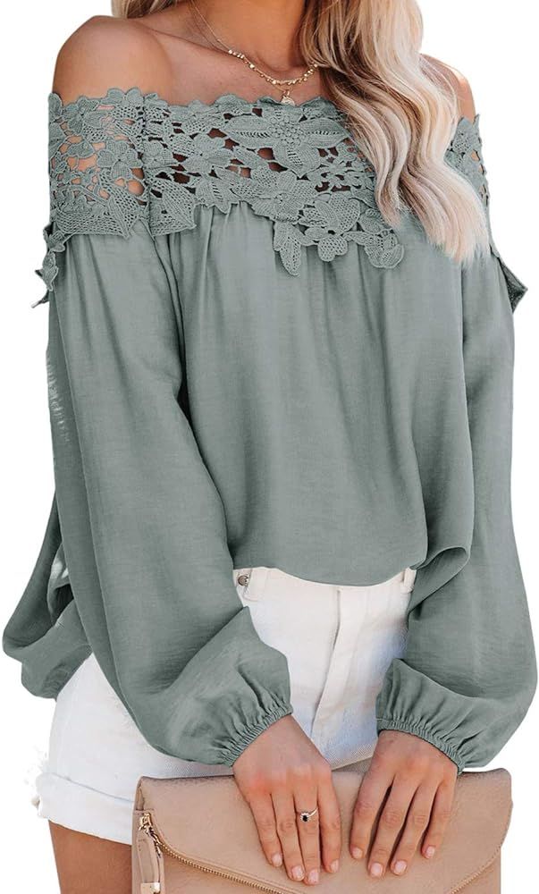 Adreamly Women's Lantern Long Sleeve Lace Crochet Off The Shoulder Tops Loose Blouses | Amazon (US)