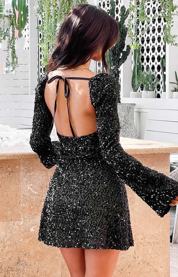 Marienne Black Sequin Long Sleeve Mini Dress | Beginning Boutique (US)