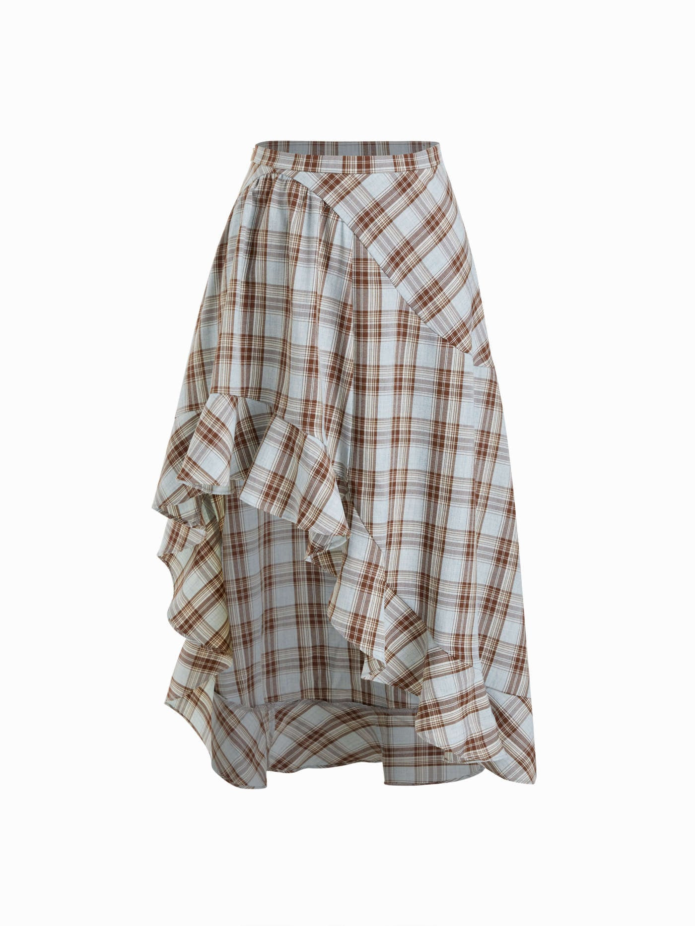 Woven Mid Rise Plaid Ruffle Hem Maxi Skirt For Daily Casual | Cider