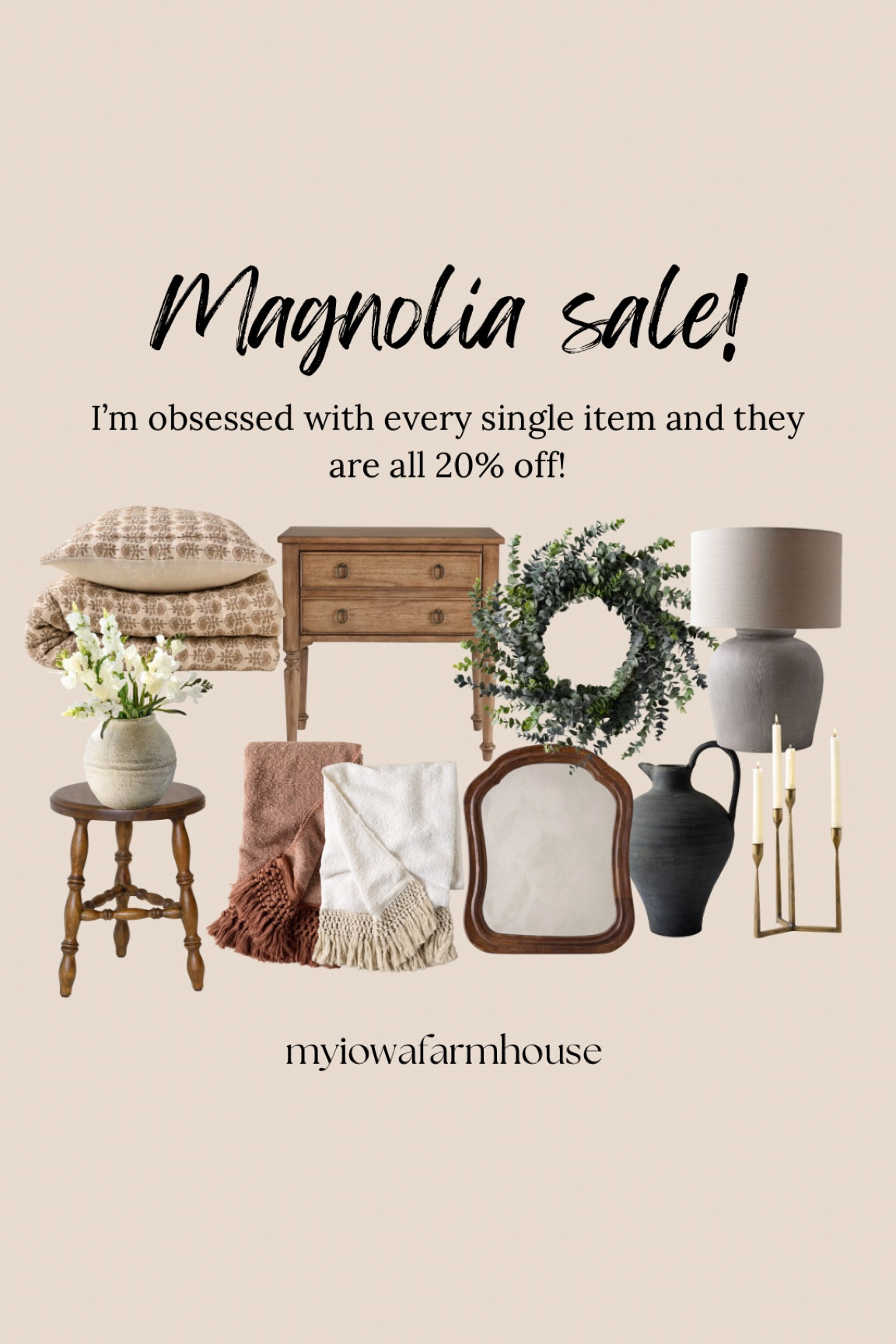 Magnolia sale! Everything is 20% off!
Furniture. Home decor. Wreaths. Vases. Table lamps. 

#LTKhome #LTKsalealert