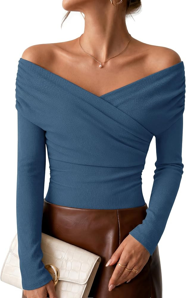 ZESICA Womens 2026 Fall Long Sleeve Wrap Off Shoulder Y2K Going Out Tops | Amazon (US)