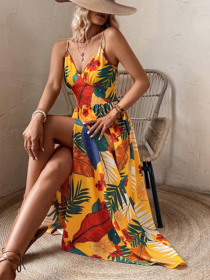 SHEIN VCAY Tropical Print Split Thigh Cami Dress | SHEIN