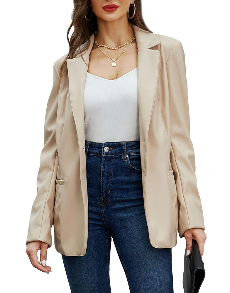 RISISSIDA Women Faux Leather Blazer Jacket,Spring Fall Vegan Pleather Soft Casual Lapel Button Do... | Amazon (US)