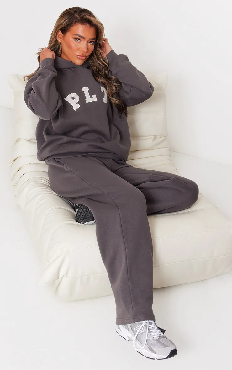 Joggers | Grey PLT Logo Oversized Wide Leg Joggers | PrettyLittleThing | PrettyLittleThing UK
