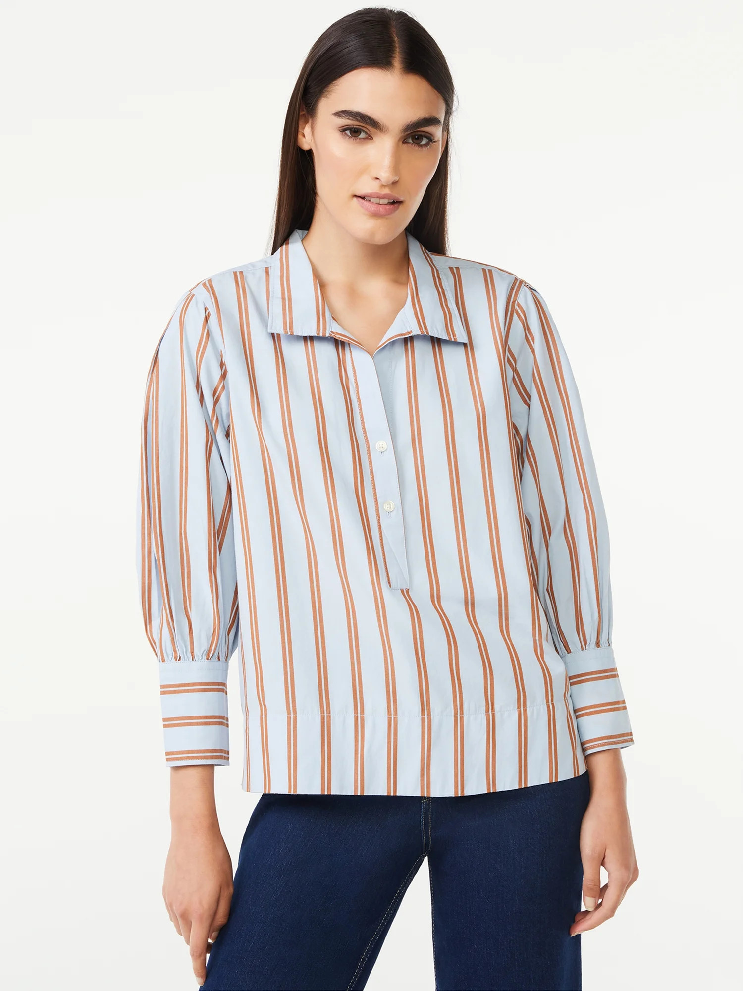 Free Assembly Women's Poplin Popover Top with Blouson Sleeves | Walmart (US)