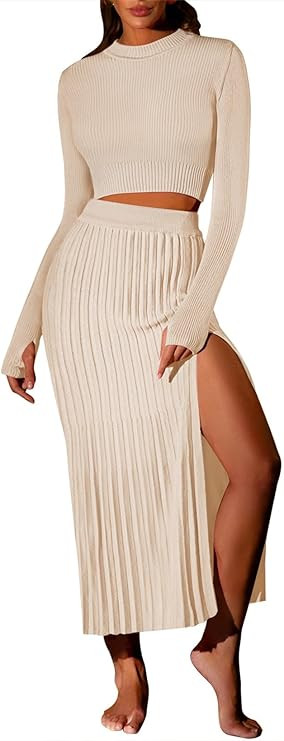 Pink Queen Women's 2 Piece Sweater Outfits Set Long Sleeve Crop Top Ribbed Split Bodycon Midi Lon... | Amazon (US)