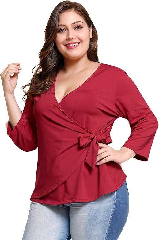 Women's Plus Size V Neck Long Sleeve Belt Tie Peplum Wrap Blouse Top Shirt | Amazon (US)