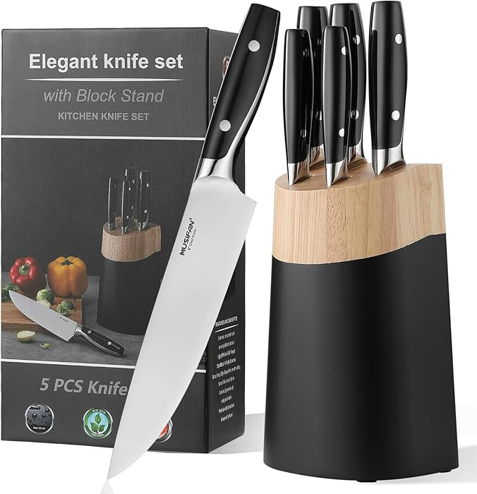 6-Piece Knife Block Sets，Stainless Steel Kitchen Knife Set with Block – High Carbon Black Kni... | Amazon (US)