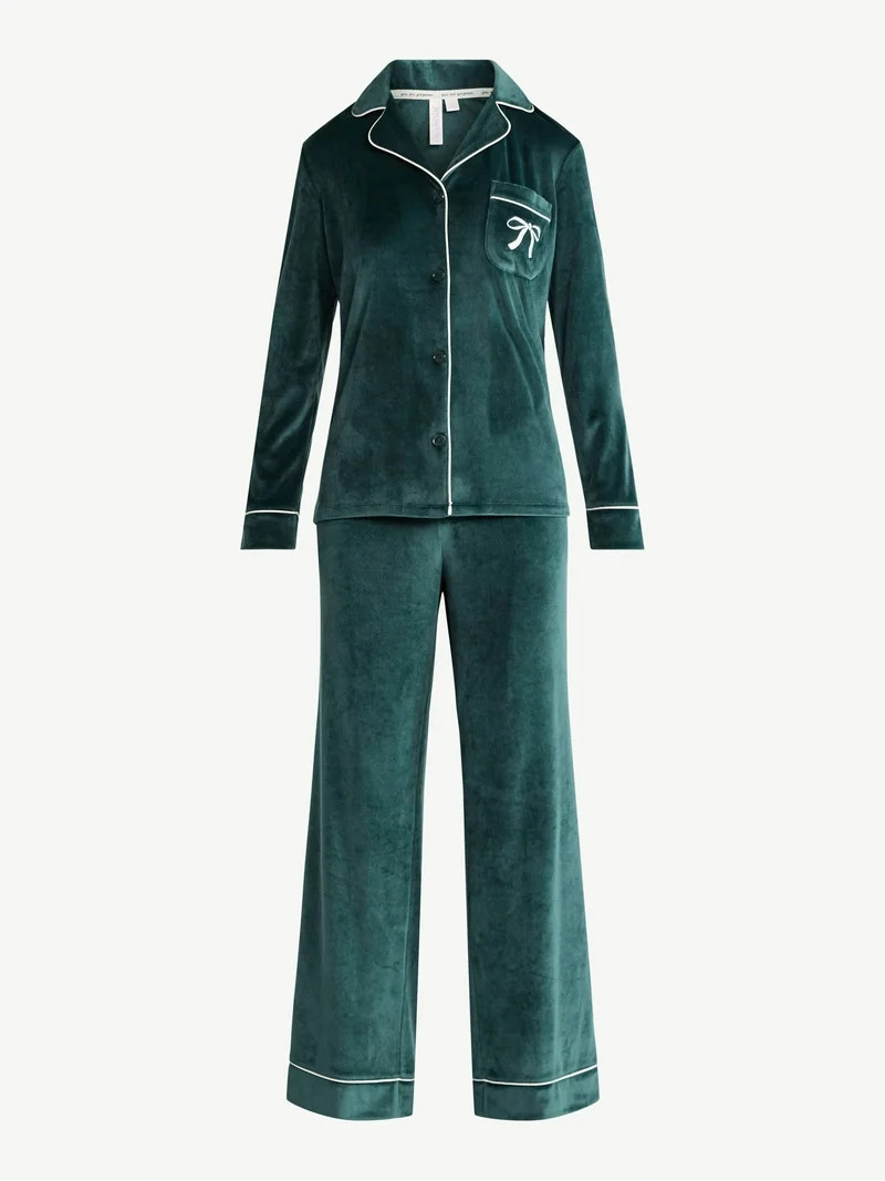 Joyspun Women’s Stretch Velour Notch Collar Long Sleeve Pajama Set, Sizes XS to 4X | Walmart (US)