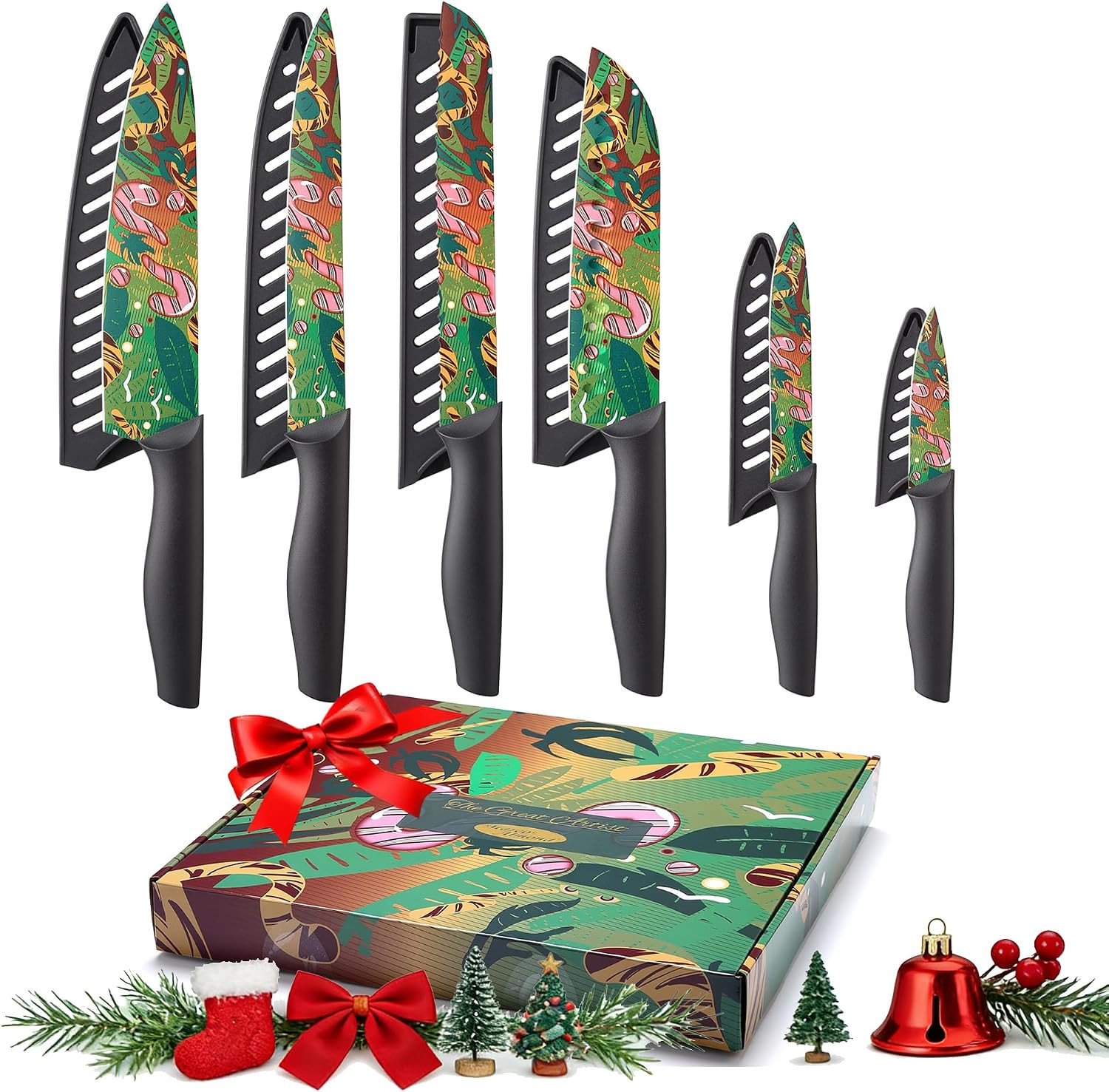 Marco Almond Knife Set Artistic Designed Pattern Kitchen Knife 6 Stainless Steel Kitchen Knives w 6 Blade Guards, Dishwasher Safe Knives for Family Kitchen Knives Set for Chefs | Amazon (US)