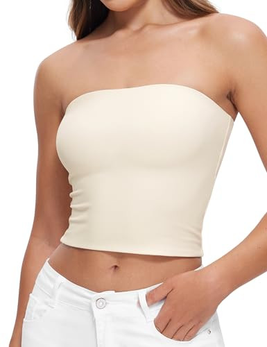 CRZ YOGA Butterluxe Double Lined Tube Tops for Women Going Out Crop Sleeveless Tank Bandeau Strapless Casual Shirts White Apricot X-Small | Amazon (US)
