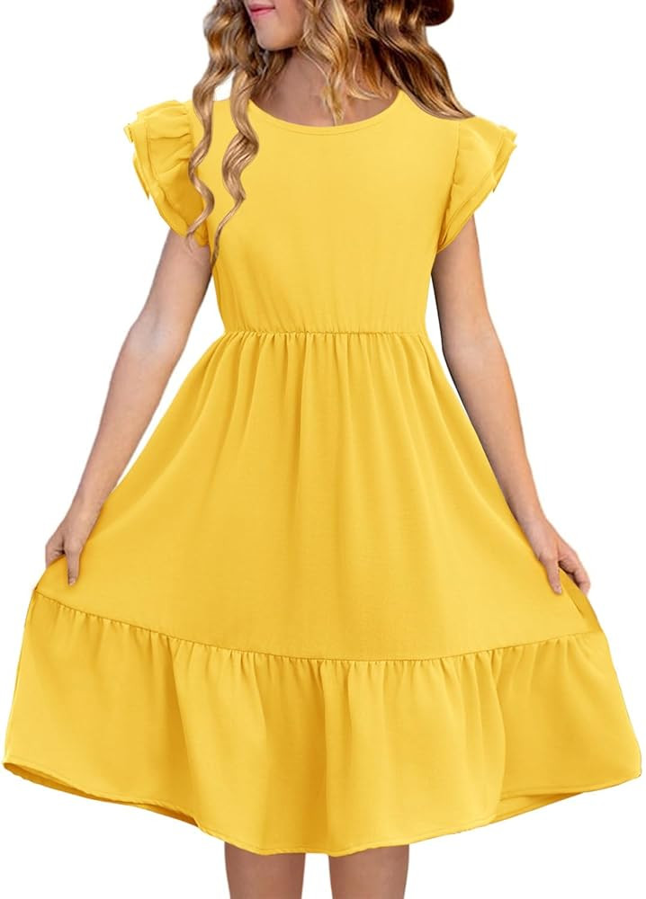 Haloumoning Girls Dresses Kids Summer Double Layer Ruffle Sleeve Dress 5-14 Years | Amazon (US)