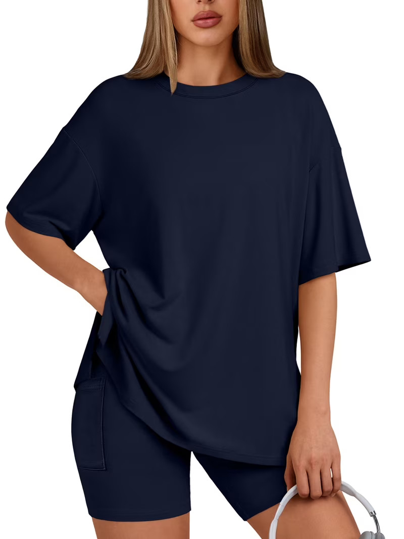 SUNBS Two Piece Lounge Set for Women Outfit Sets Casual Oversized Shirts Biker Shorts Matching Se... | Walmart (US)