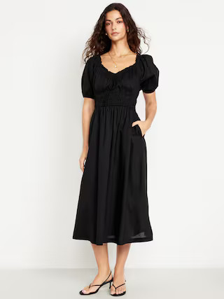 Fit & Flare Puff-Sleeve Midi Dress | Old Navy (US)