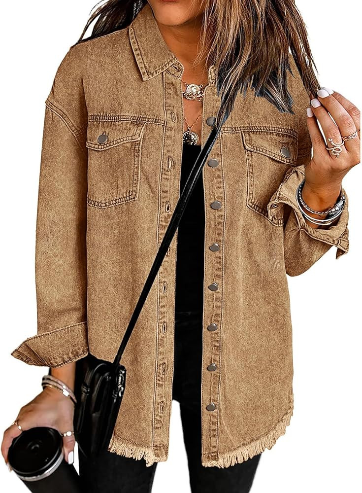 Vetinee Women’s Oversized Button Up Frayed Hem Shacket Long Sleeve Pockets Denim Jean Jacket | Amazon (US)