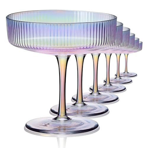 CUKBLESS Iridescent Martini Glasses Set of 6, Champagne Coupe Glasses, Hand Blown Vintage Ribbed, Cocktail for Margarita, Whiskey, Dessert, 7 oz | Amazon (US)