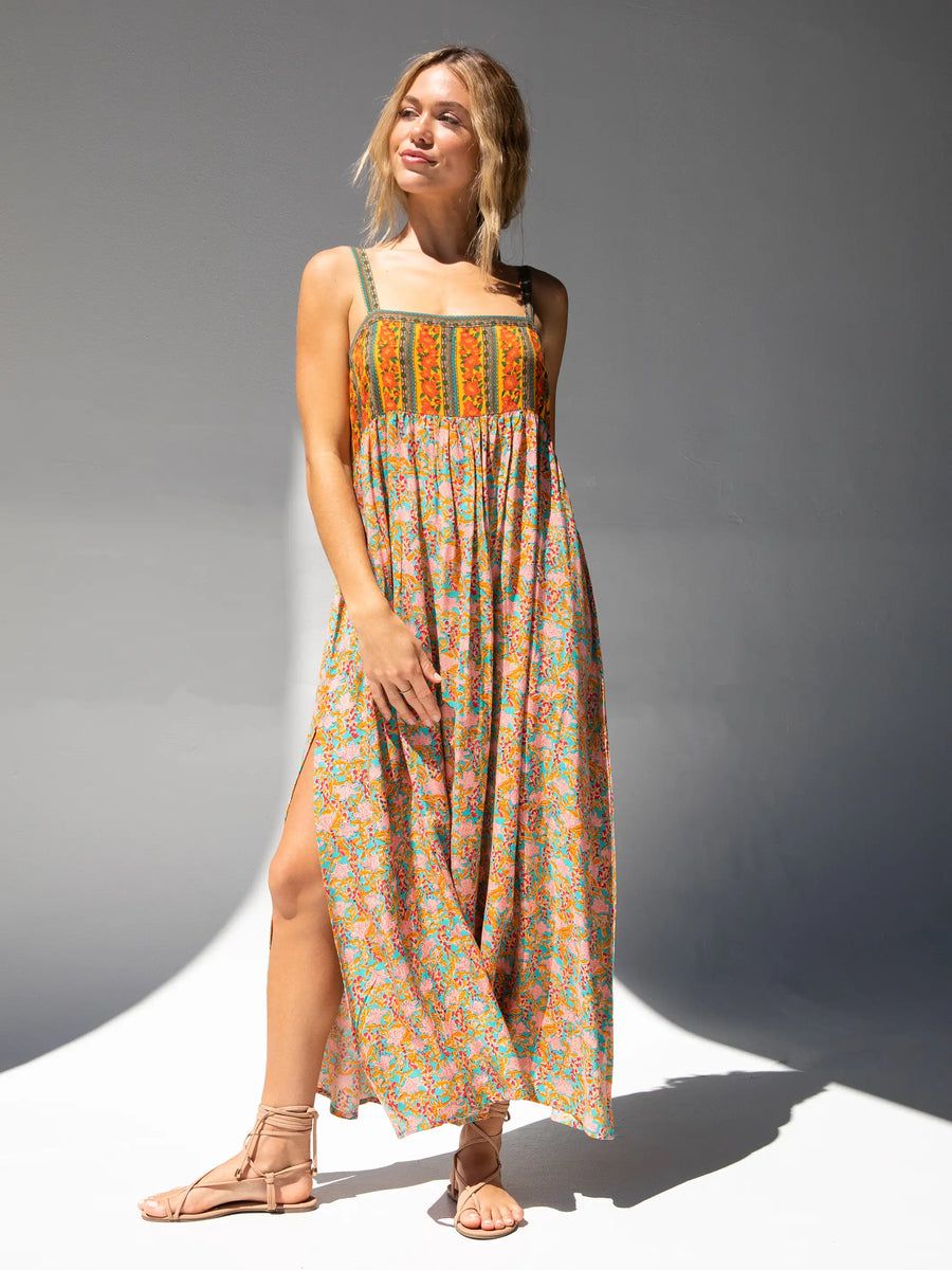 Patti Side Slit Maxi Dress - Turquoise Orange Mixed Print | Natural Life